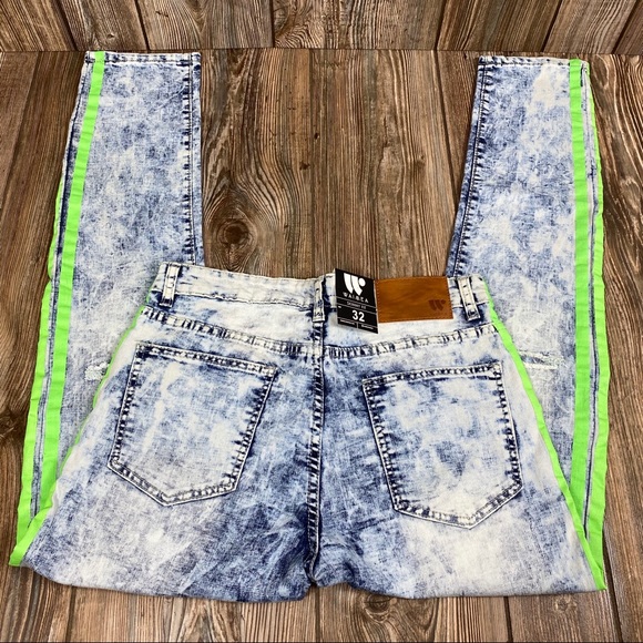 Neon Stripe Print Skinny Fit Denim Blue Wash-Green - Picture 4 of 7